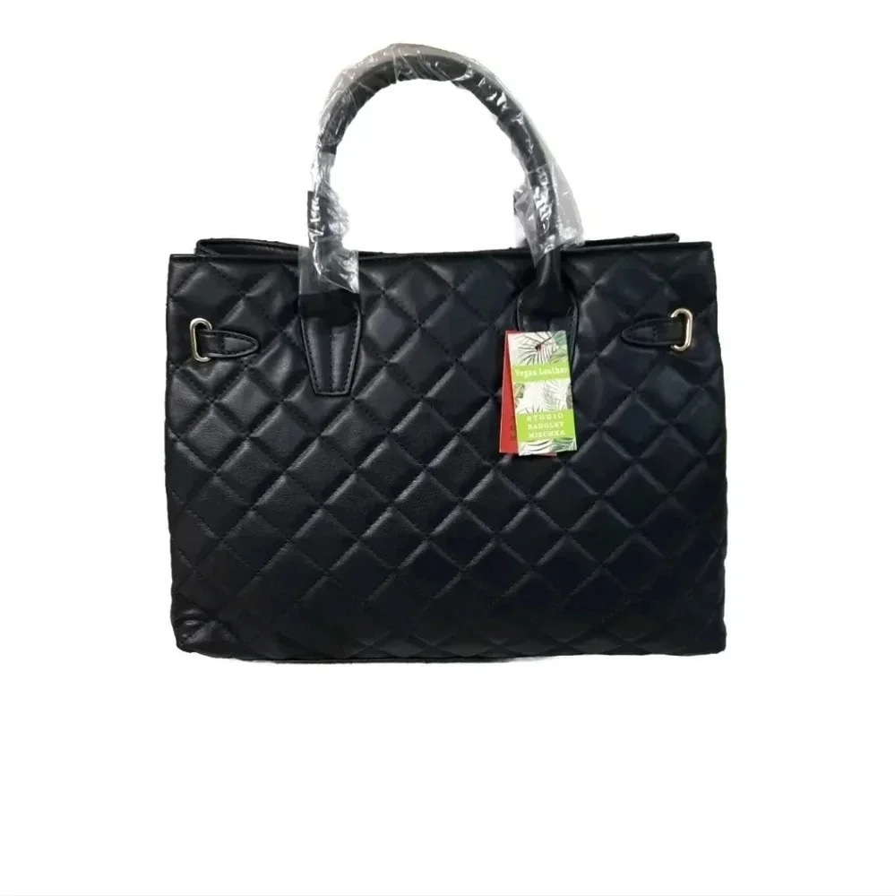 NWT Badgley Mischka Big Quilted Black Diamond Pattern Tote Bag With Front Lock - Picture 2 of 13